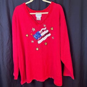 The Quacker Factory American Flag Sweater Red Sequins L/S Cotton Blend Sz‎ 3x
